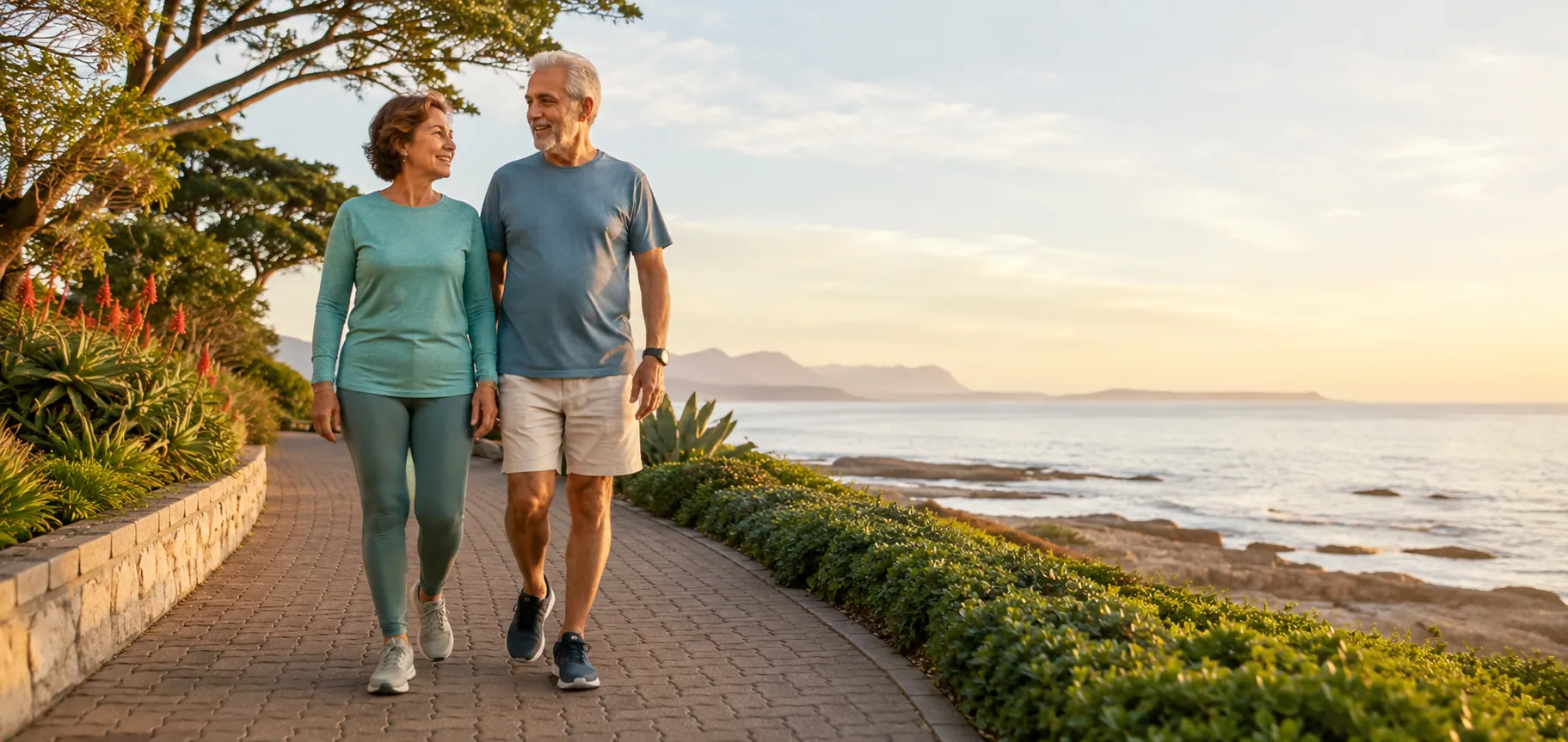 Casal na terceira idade caminhando com autonomia junto ao mar